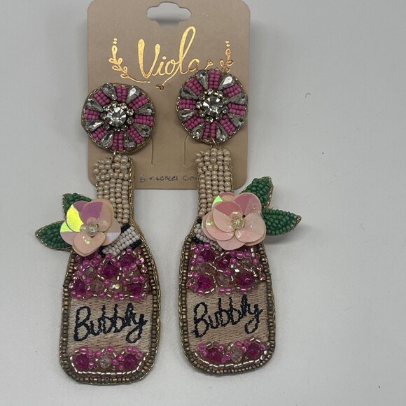 Viola Pink Champaign Bubbly Beaded Earrings New - Picture 2 of 6